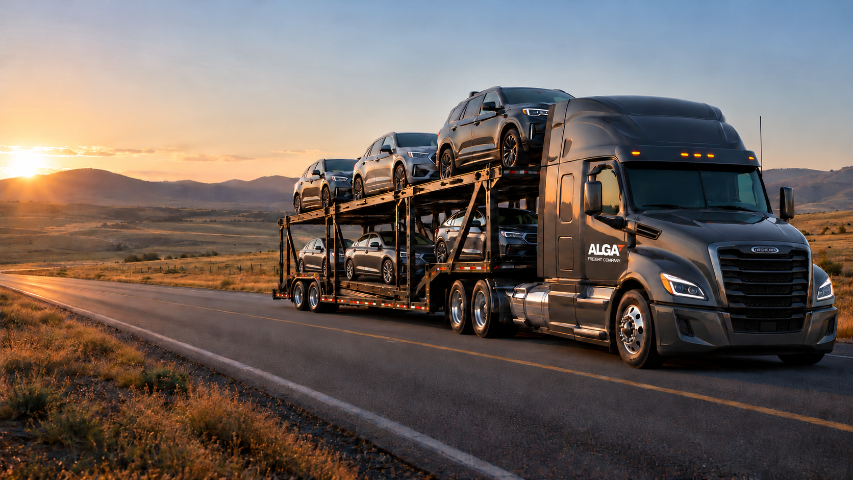 AI-generated image of a 2026 Freightliner Cascadia hauling vehicles