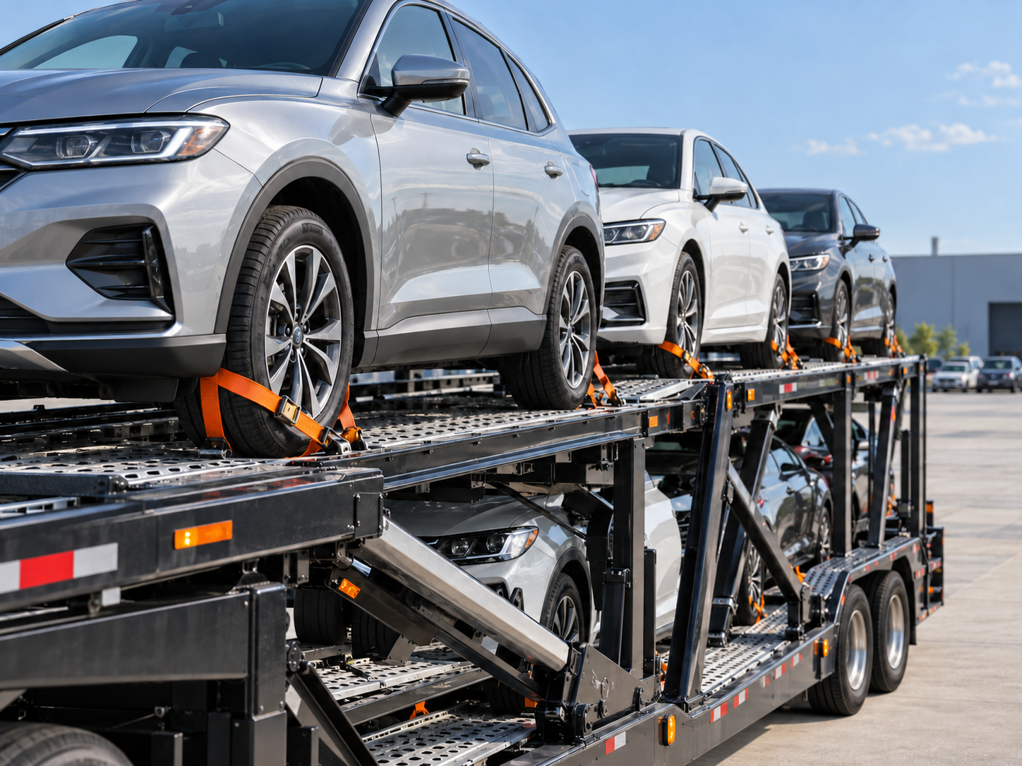 AI-generated image of vehicles secured on an open car carrier